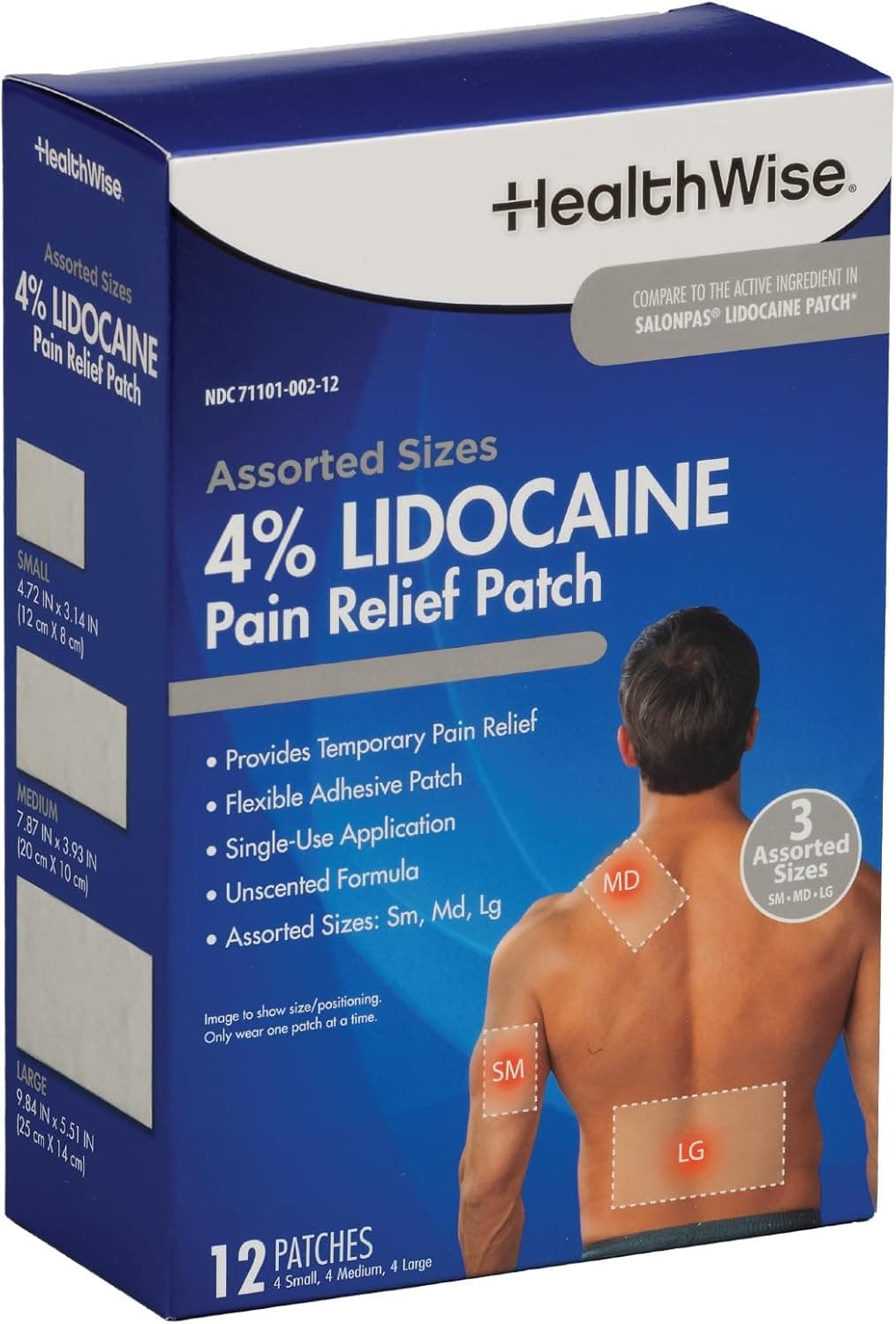 HealthWise Lidocaine Pain Patch 4 OTC Lidocaine 12Count Assorted Sizes ParabenFree Formula Temporarily Soothes Minor Aches and Pains Unscented Flexible Application