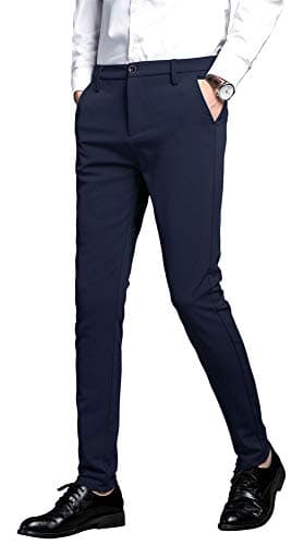 Plaid&Plain Men's Stretch Dress Pants Slim Fit Skinny Suit Pants 7101 Blue 34W30L