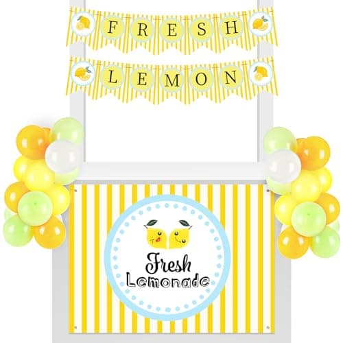 RoundFunny 43 Pcs Lemonade Stand Supplies 45 x 31 Inch Tablecloth, 2 Fresh Lemon Garland, 40 Latex Balloons for Fresh Squeezed Lemonade Stand Decorations Kit Summer Lemon Birthday Party(Check)