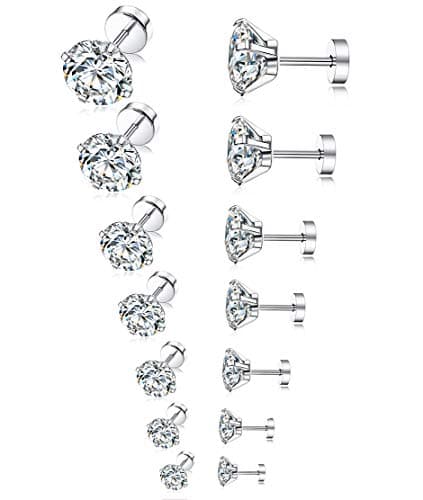 Tornito 7 Pairs 20G Stainless Steel Stud Earrings Round Cubic Zirconia Barbell Earring Set For Men Women 2MM-8MM Silver Tone