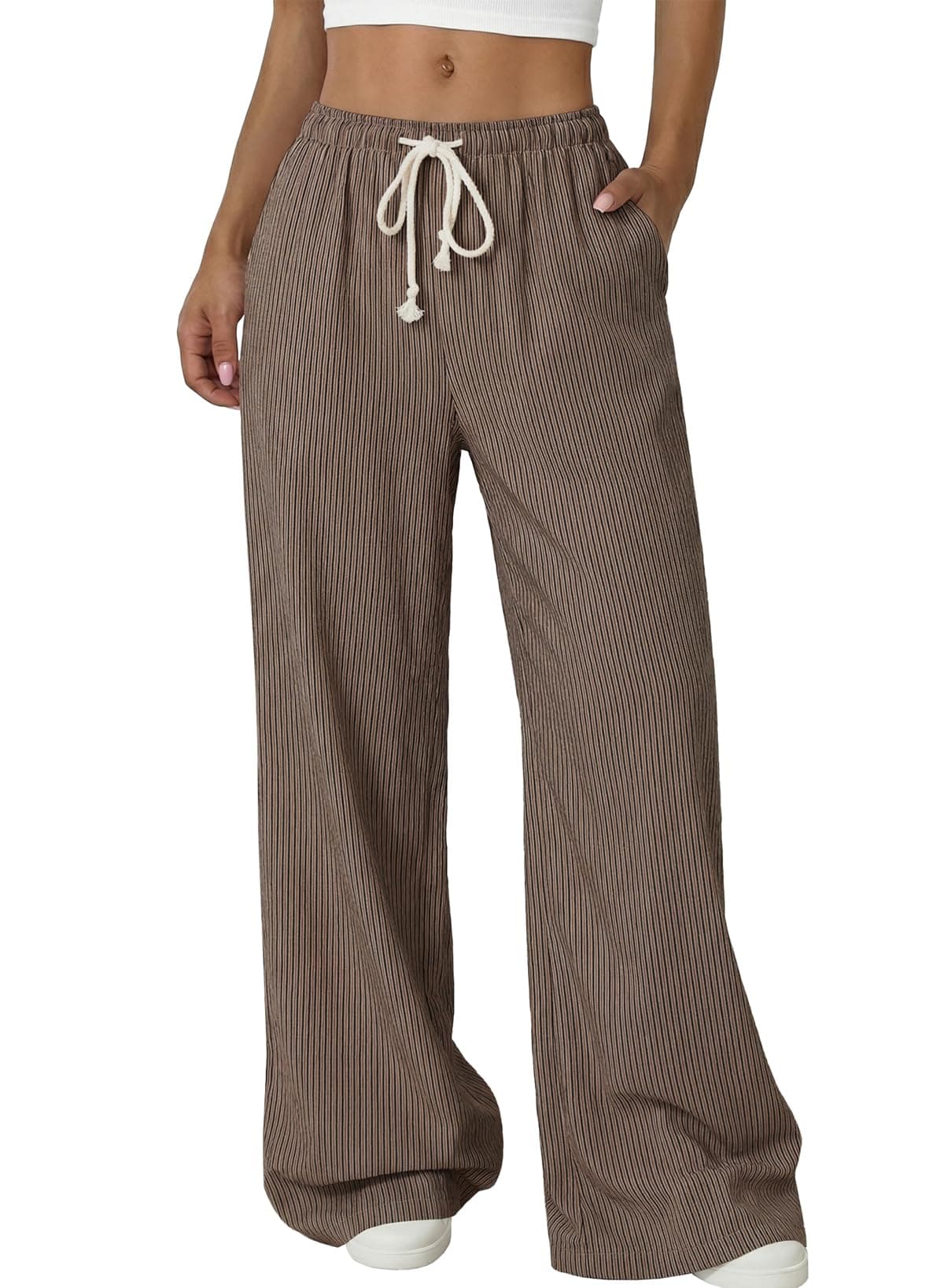 Acelitt Women’s Wide Leg Striped Palazzo Pants Drawstring Elastic Waist Casual Loose Lounge Pants Beach Trousers with Pockets Vacation Outfits Summer Clothes for Women Dark Brown Medium