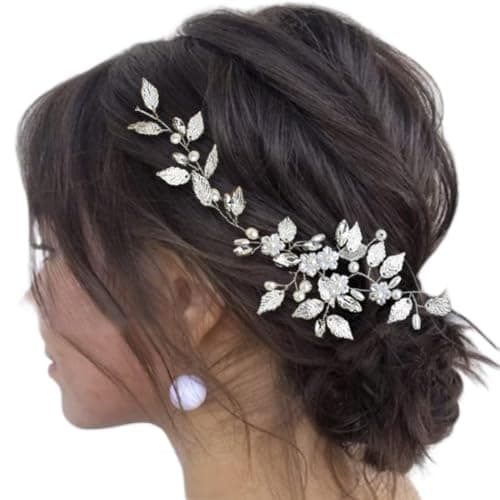 Easedaily Bride Wedding Hair Vine Silver Leaf Headpiece Pearl Bridal Hair Piece Crystal Headband for Women and Girls