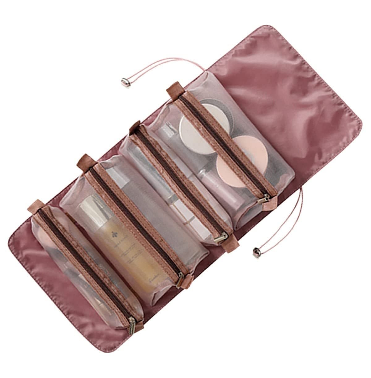 Wolpin Toiletry Bag for Travel Detachable Toiletry Kit Cosmetic Nylon Makeup Pouch Organizer Foldable Multifunction Portable Brush/Shaving Kit/Medicine Holder Bag & Waterproof (Pink) 24 cms