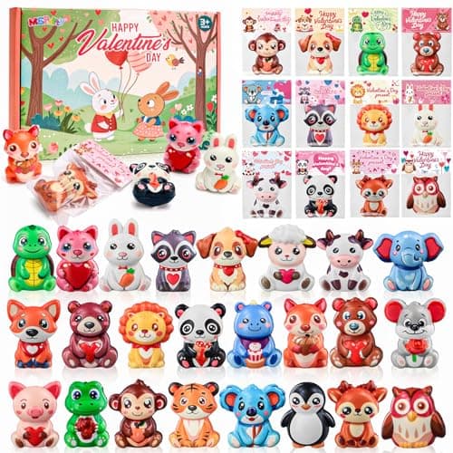 24 Pack Valentines Day Gifts for Kids Classroom Cute Animal Mochi Squishies Toys with Valentine Cards Stress Relief Fidget Squeeze Toys for School Classroom Exchange Party Favors Goodie Bag Stuffers