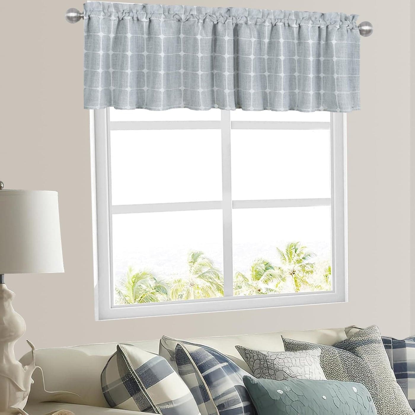Embroidered Plaid Valances for Kitchen Light Filtering Linen Textured Semi Sheer Small Window Curtain Farmhouse ValanceRod Pocket for Bathroom and Cafe Windows 52W x 18L Light Gray 1 Pack
