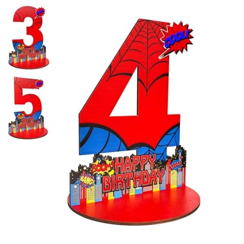 Spider 4th Birthday Number Sign Centerpiece Spider Theme 4th Number Stand Sign Wooden Table Decoration Photo Props for Spider 4th Birthday Decorations
