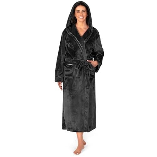 PAVILIA Plush Hooded Robe For Women | Black, Fluffy Soft Bathrobe With Hood | Fuzzy Warm Spa Robe, Cozy Fleece Long Robe | Satin Trim, Large-X-Large