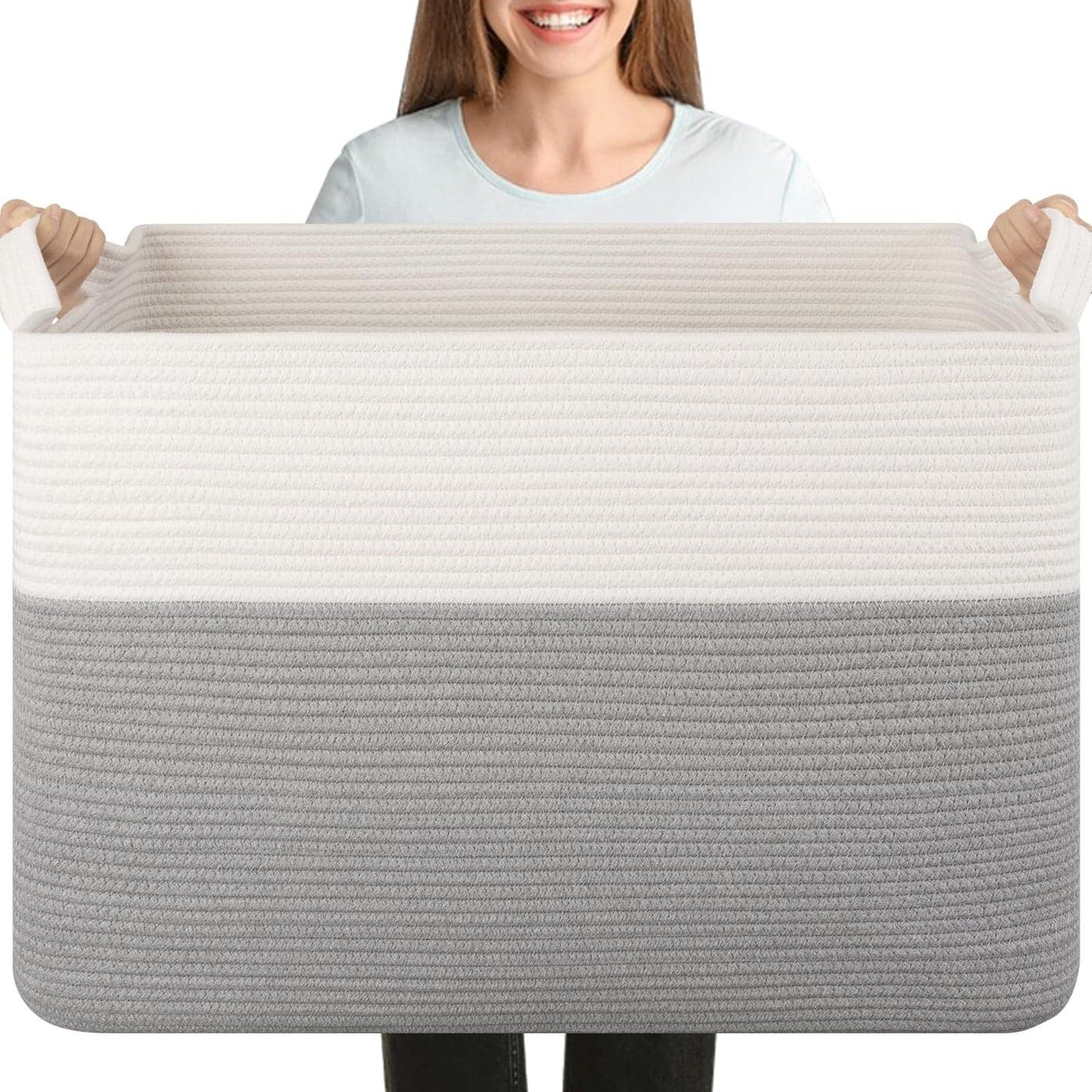 OIASKET XXXL Supre Large Blanket Basket for Clothes Towels Pillows 108L Cotton Rope Storage Basket for Living Room Woven Toy Storage for Kids 25 x 16 x 16 Grey and White