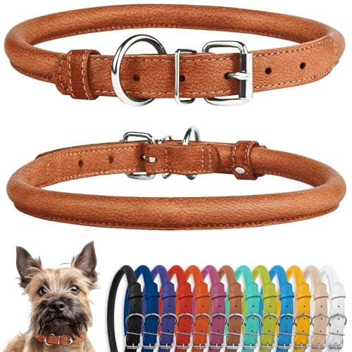 CollarDirect Rolled Leather Dog Collar, Soft Padded Round Puppy Collar, Handmade Genuine Leather Collar Dog Small Large Cat Collars 13 Colors (6-7 Inch, Cinnamon Textured)