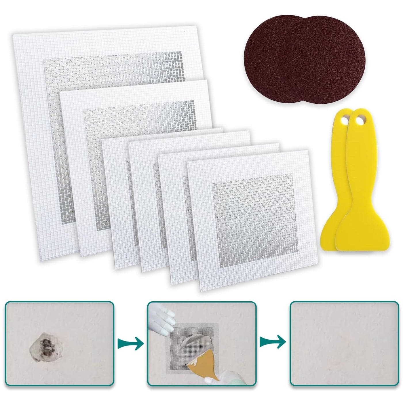 WYIRONG 10 Pack Drywall Repair Kit for Large Holes 468 Inch Dry Wall Patch Kits for Erase a Small Nail Hole Plaster Wall Patching Self Adhesive Aluminum Mesh with Scraper and Sandpaper