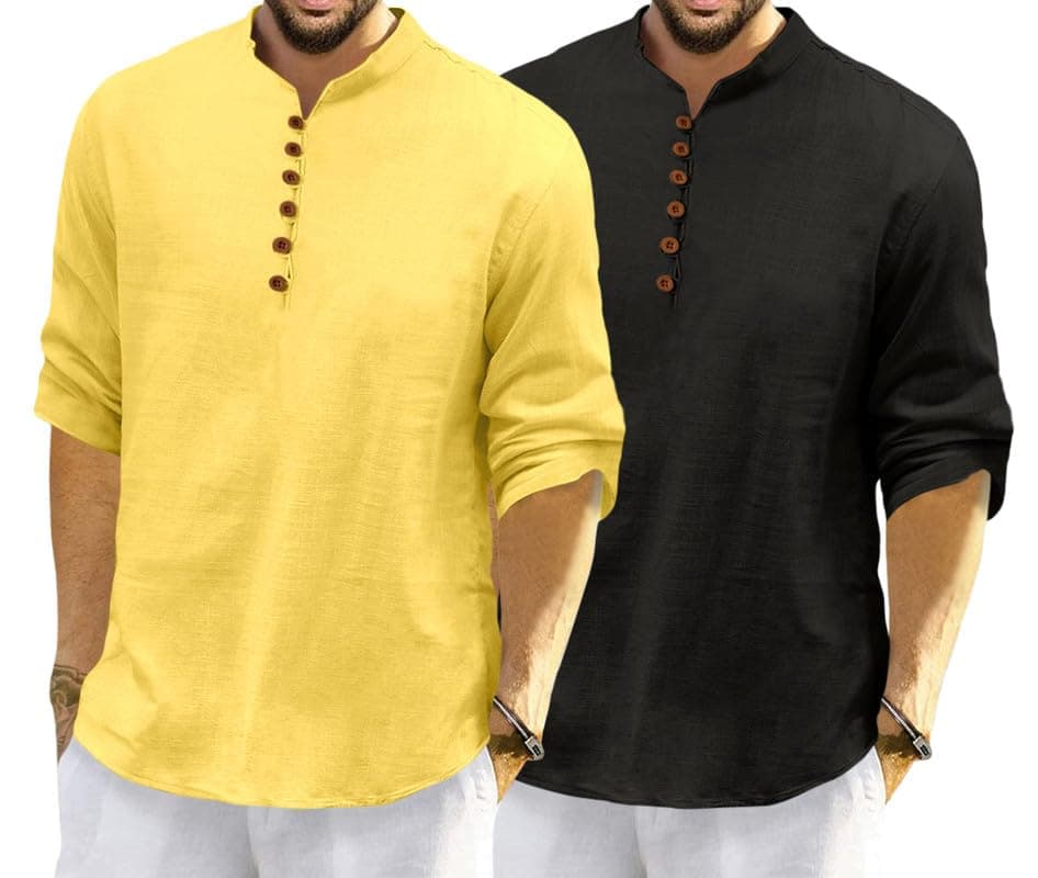 ROYALSCOUT Men's Cotton Polyester Blend Solid Regular Fit Full Sleeve Short Kurta | Ethnic, Lightweight Summer Kurta for Daily & Occasion Use Yellow-Black