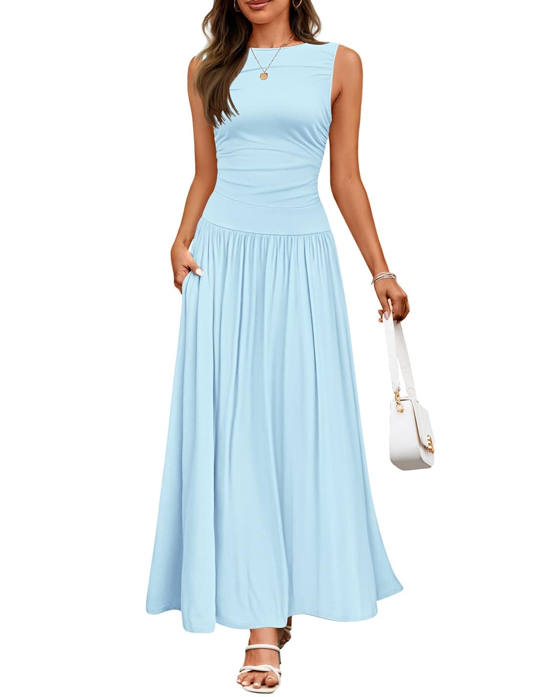 ZESICA Women's Summer Sleeveless Maxi Dress 2025 Casual Crewneck Pleated Flowy Long Dress with Pockets,Blue,XL
