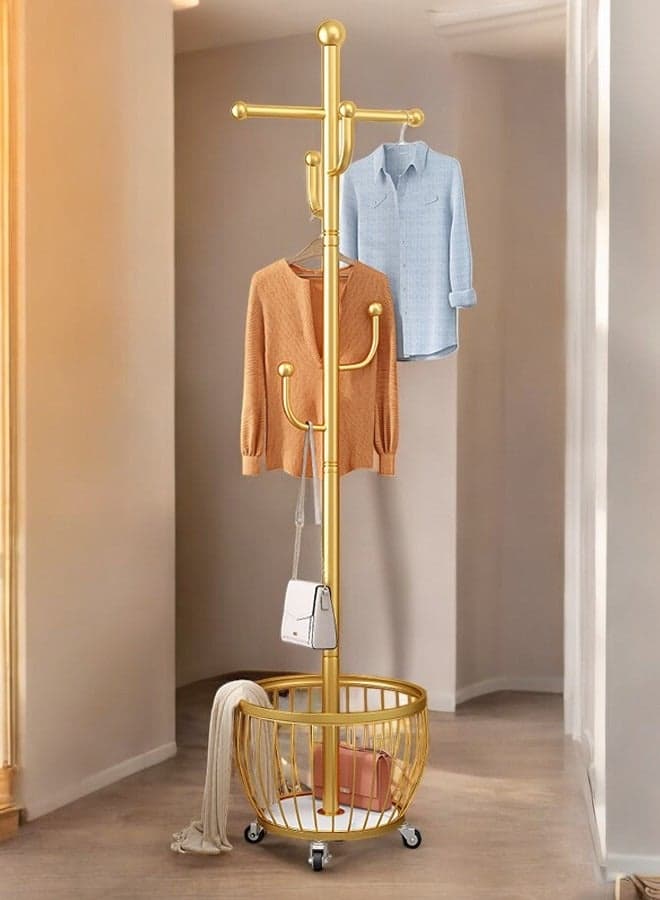 Floor Standing Clothes Rack with Coat Stand with Storage Basket and Wheels, Movable Iron Coat Rack for Bedroom, Living Room and Office, Floor Standing Hanger with Storage for Clothes, Hats, Bags and More