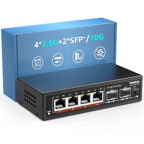 6 Port 2.5G Unmanaged Ethernet Switch, 4 x 2.5G Base-T Ports, 2 x 10G SFP, Compatible with 100/1000/2500Mbps, VLAN, Fanless, Desktop/Wall Mount YuanLey 2.5Gbe Network Switch for Wireless AP, NAS, PC