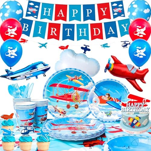 Airplane Birthday Party Decorations for 16 Guests Airplane Party Decorations Airplane Party Tableware Airplane Plates Napkins Cups Table Cloth Balloons Backdrop etc Airplane Birthday Party Supplies