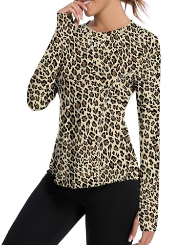 Avoogue Women's UPF 50+ UV Sun Protection Long Sleeve Shirt Running Hiking Athletic T-Shirt Lightweight Quick Dry(Apricot Leopard,L)