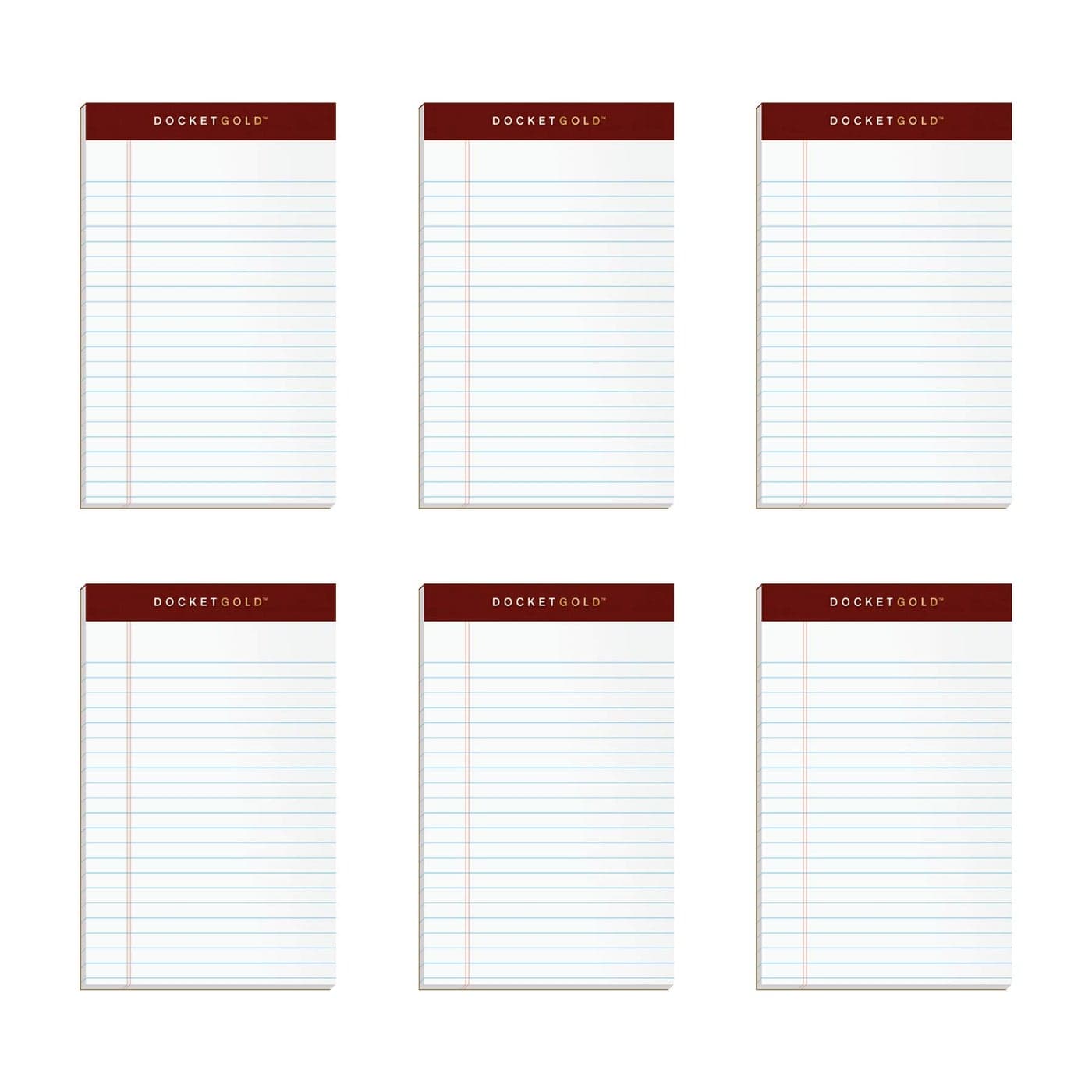 TOPS Docket Gold Writing Pads, 5" x 8", Jr. Legal Rule, 50 Sheets, 6 pack (99705), White