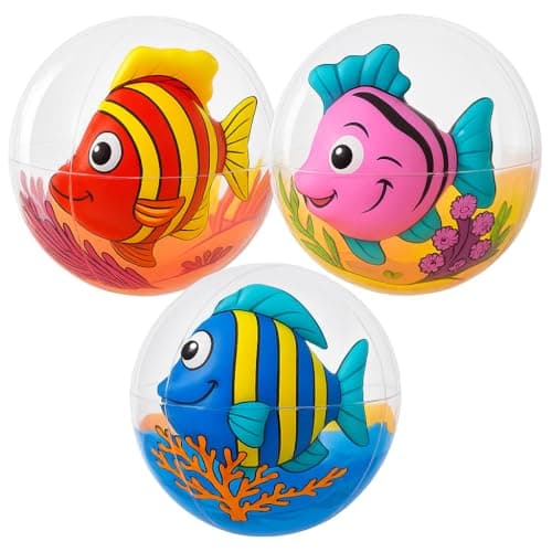 ArtCreativity 3D Fish Beach Balls for Kids, Set of 3, Clear Balls with Colorful Fish Inside, Inflatable Swimming Pool Toys and Aquatic Party Decorations, Underwater Party Supplies and Favors