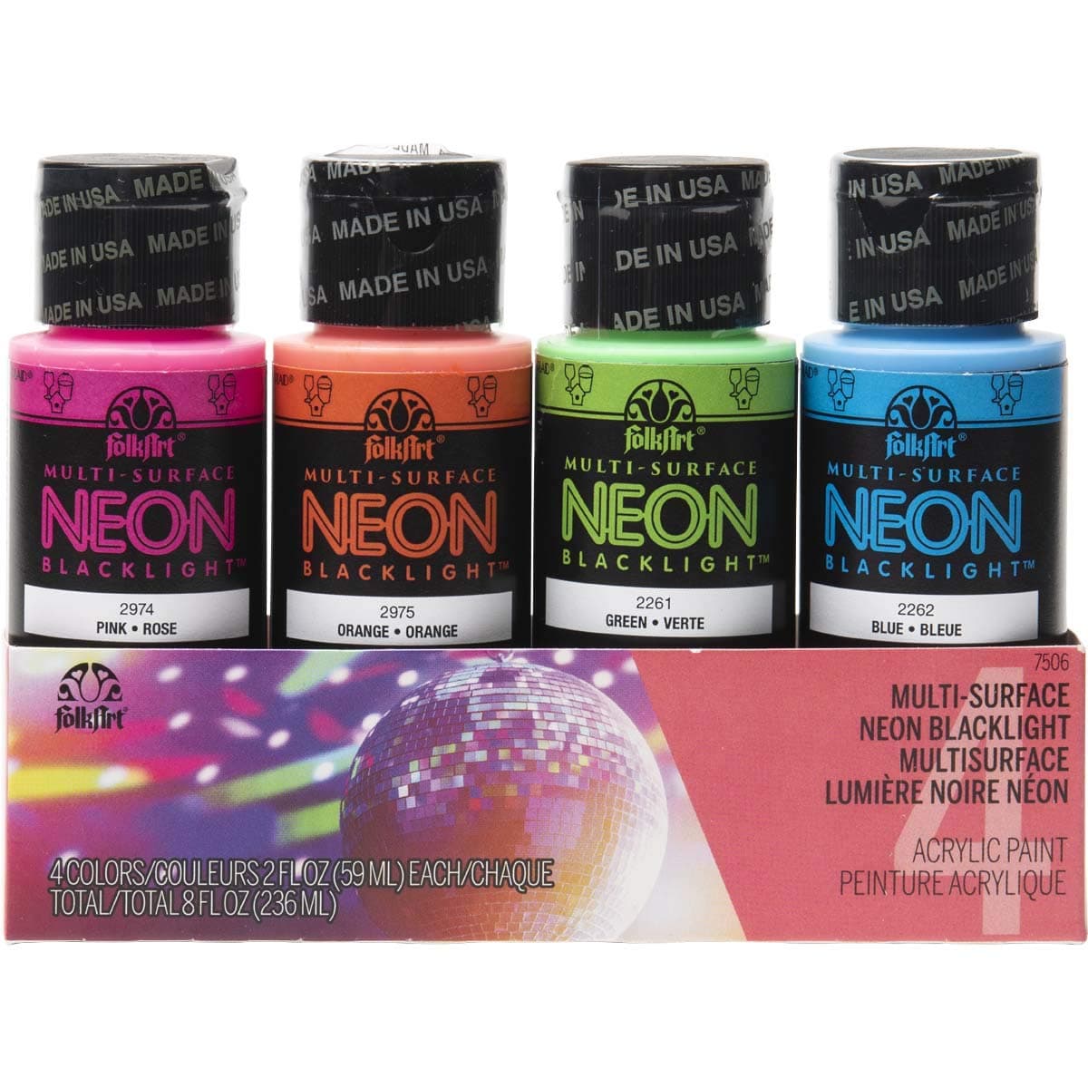 FolkArt 4 Bottle MultiSurface Acrylic Paint Set 2oz Neon Blacklight Colors