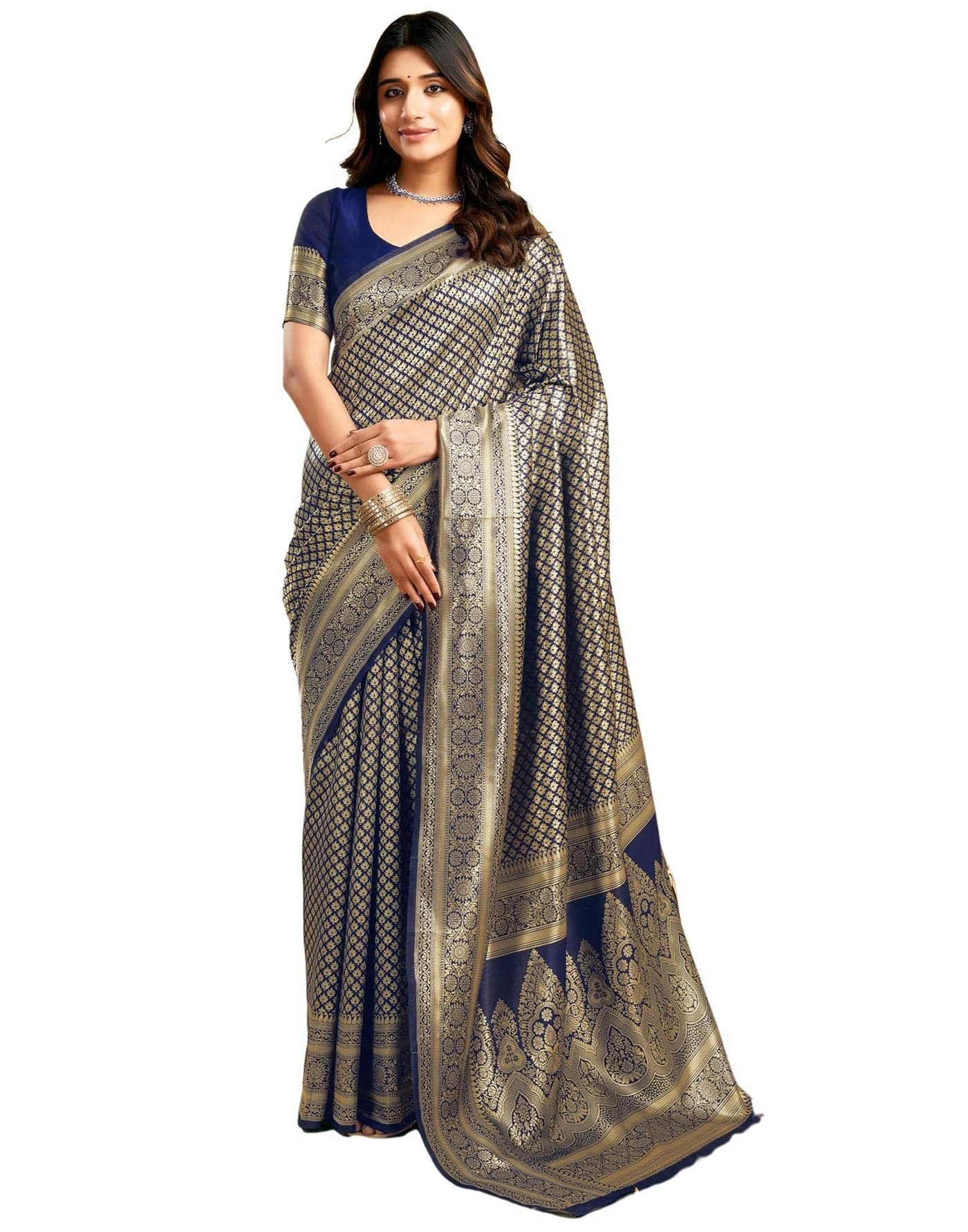 SIRIL Women's Pure Kanjivaram Silk Saree Soft Sarees Banarasi Style With Blouse Piece For Wedding (3989S141_Navy Blue)