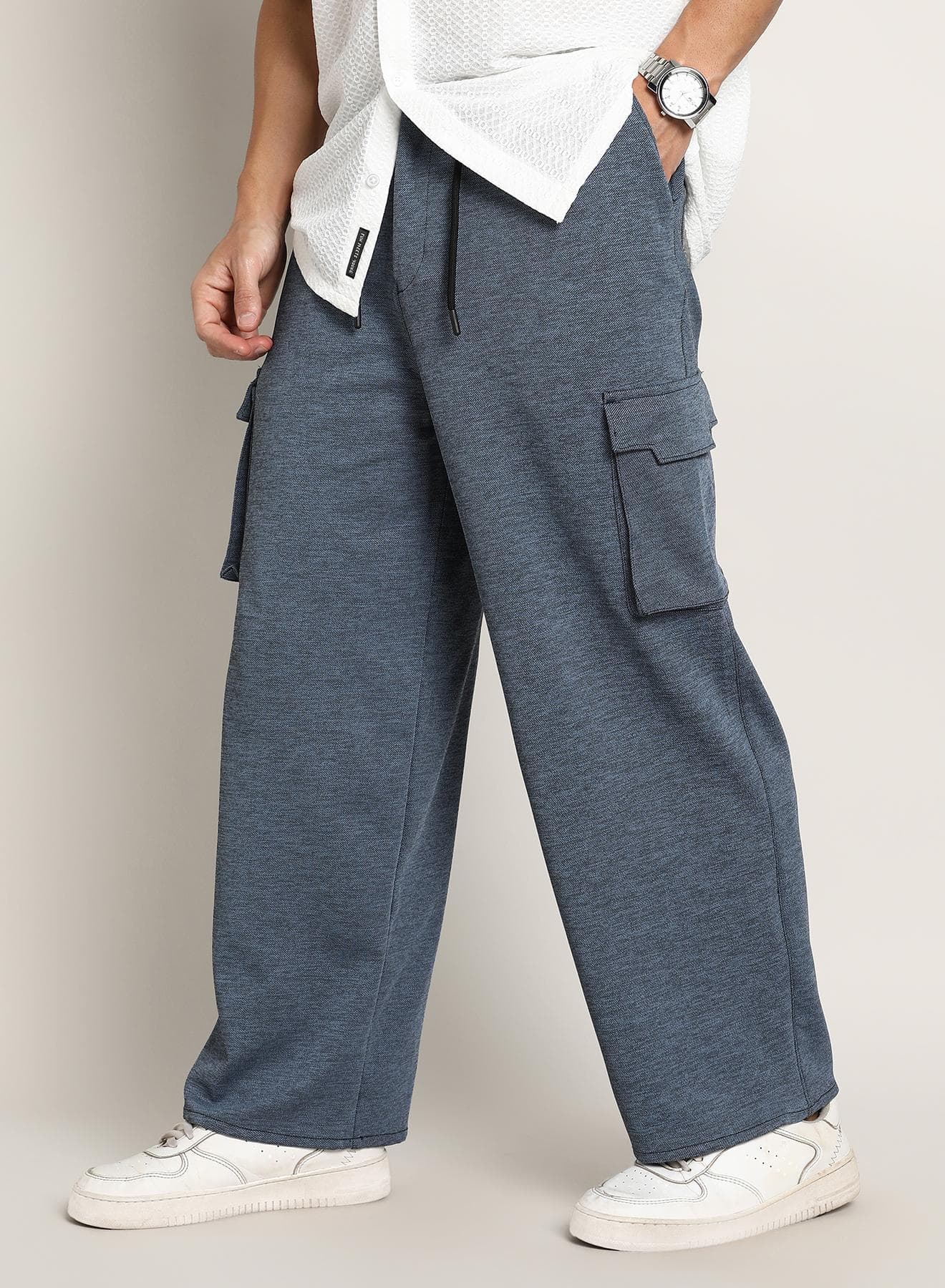 Men's Prussian Blue Heathered-Relaxed Cargo Trousers