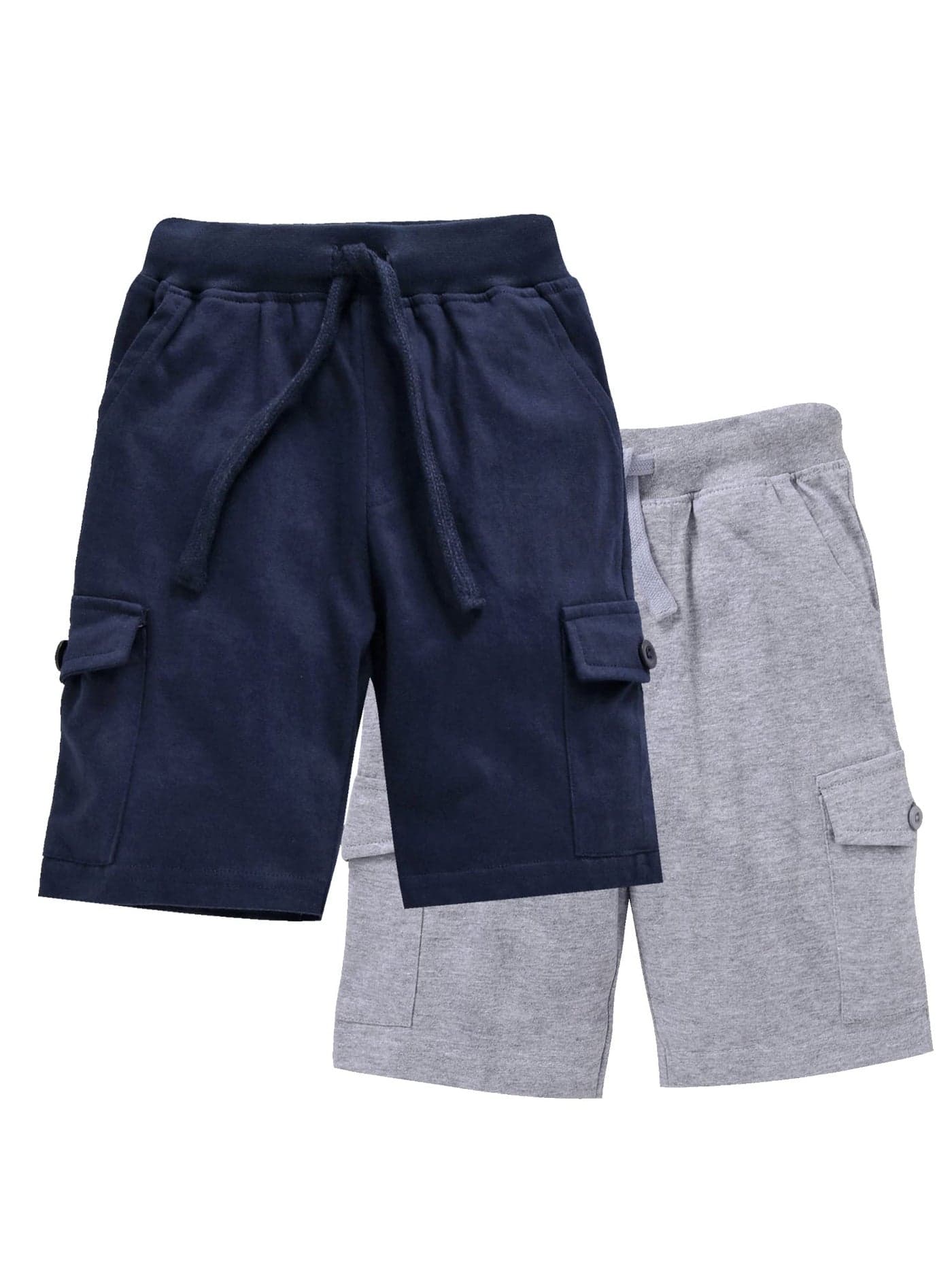 KiddoPanti Boy's Solid Knit Cargo Shorts Pack of 2|100% Cotton Single Jersey Knit|Drawstring Closure, Rib Waistband, 2 Front & 2 Cargo Pockets | Casual Half Pant, Grey Melange & Navy - 8-10Y