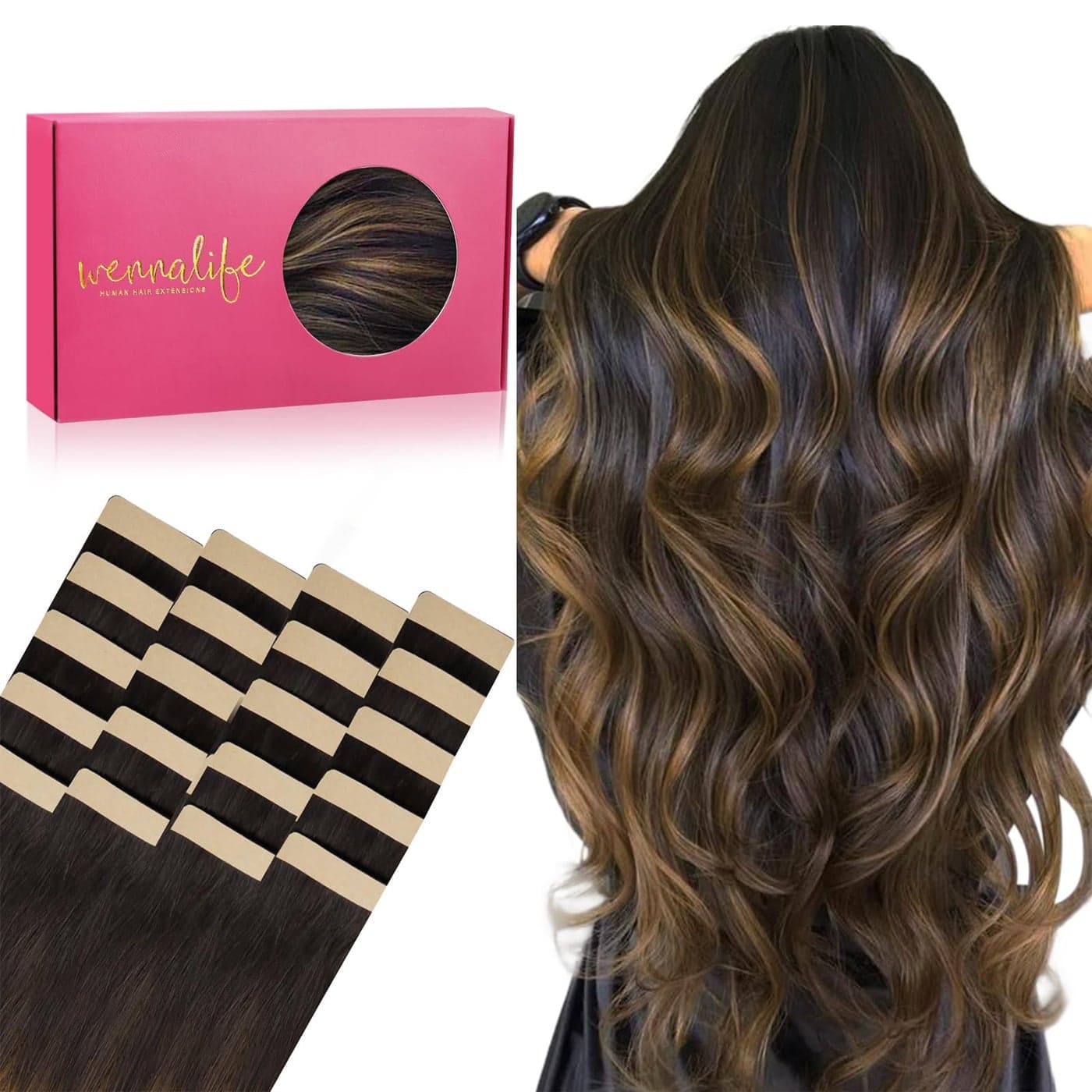 WENNALIFE Tape in Hair Extensions Human Hair 20pcs 14 inch 50g Balayage Dark Brown Mixed Chestnut Brown Remy Tape Hair Extensions Real Human Hair Tape Extensions Coloured Hair Extensions