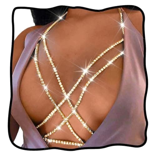 Nicute Rhinestone Body Chain Jewelry Gold Bra Jewelry Bling Plus Size Body Chains for Women (Gold)