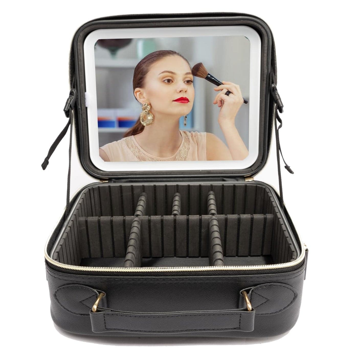 WedFeir Travel Makeup Bag with LED Lighted Cosmetic Case with Mirror 3 Color Setting Adjustable Dividers Makeup Brushes for Women Black Waterproof Scratch Resistant
