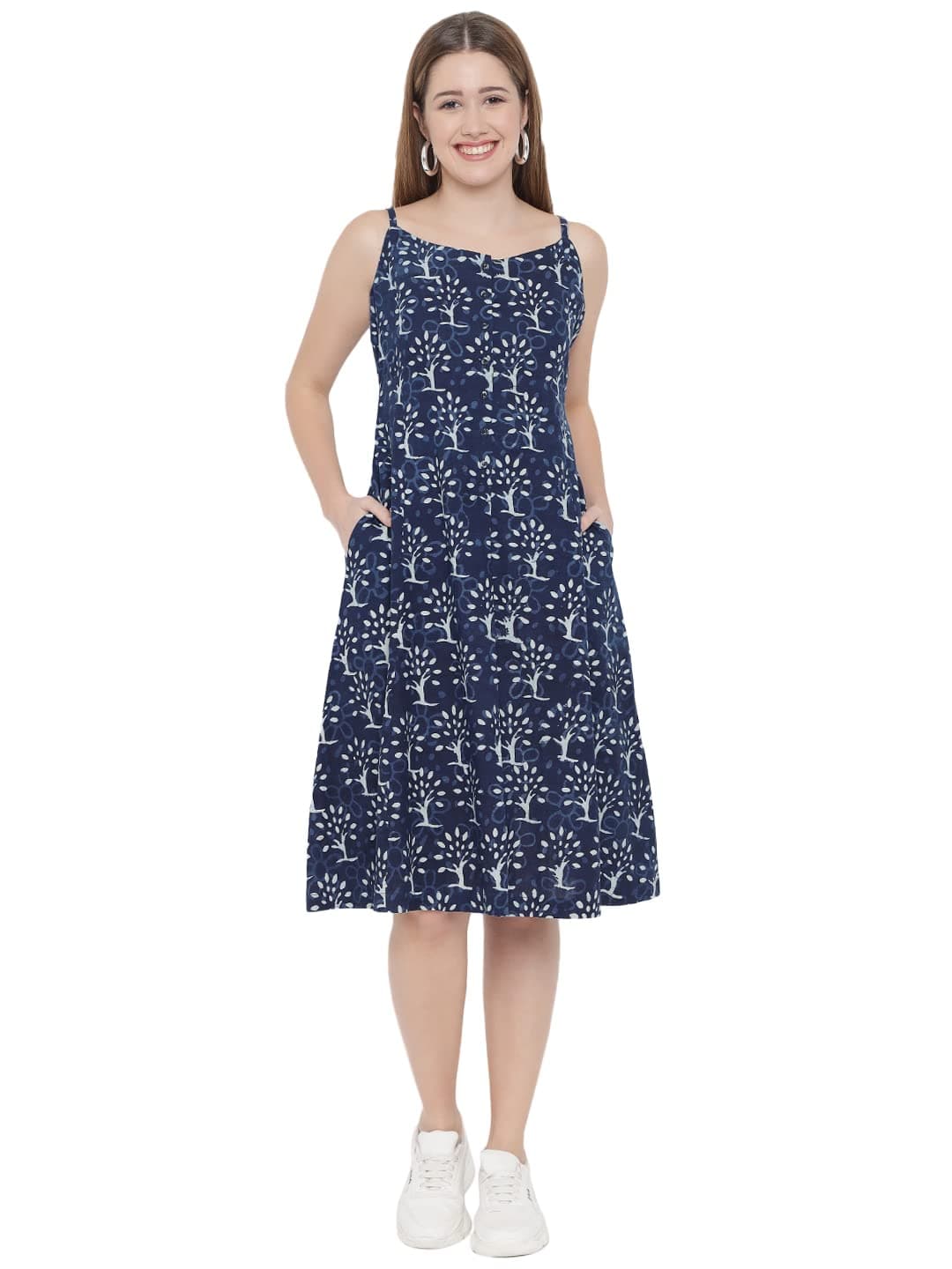 Indietoga Women's Printed Sustainable Pure Cotton A-Line Midi Dress (10001298_Blue Indigo Hand Block_Small)