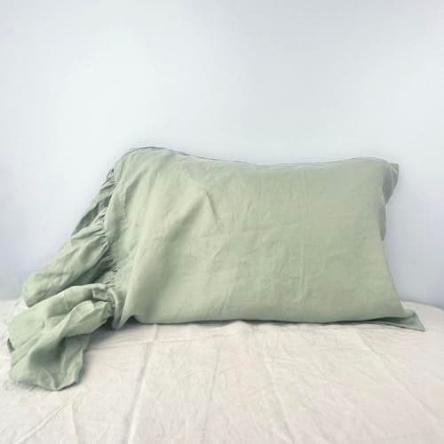 ESASILK Bean Green Ruffles Linen Pillowcase, 100% French Linen Pillow Cover, King Size 1 Piece Farmhouse Shabby Chic Pillow Case, 20''x36'' Pillowcase with Decorative Ruffle Envelope Closure