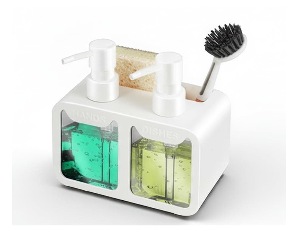 BASEEFY Kitchen Sink Soap Dispenser Set – Dual Pump for Hand & Dish Soap, Sponge & Brush Holder, Refillable Sink Organizer (White)