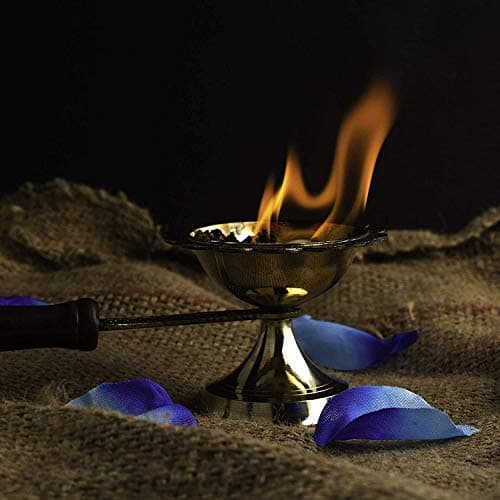 ROLIMOLI Brass Incense Burner with Long Wooden Handle Dhoop Pot Loban Burner Dhooni Dhoop Dani Dhuni 2.5inch Set of 1