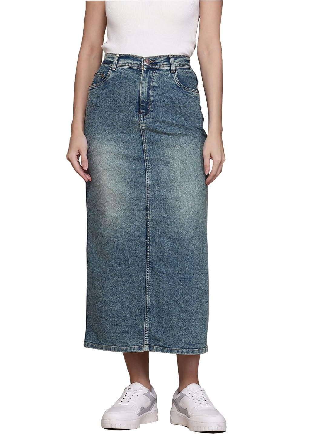 Nifty Women's Side Slit Maxi Denim Skirt (1481_PBLU_26_Peacock_Blue_26)