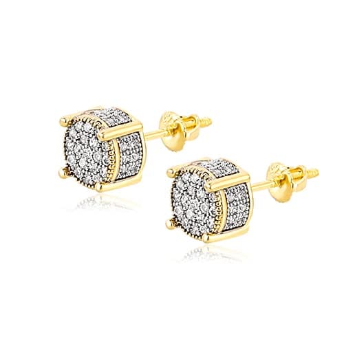 TOPGRILLZ Screw Back Earrings 14K Gold Plated 5A+ Cubic Zirconia Cluster Round Screw On Stud Earrings For Men Women Aretes De Hombre-Double Color