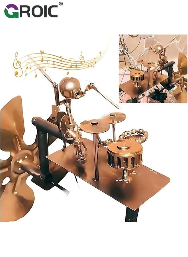 Handmade Metal Drummer Windmill, Rock Art Sculptures, Wind-Powered Kinetic Figurines, Wind Spinners for Garden Yard Lawn Patio Decor, Unique Drummer Statue Gift for Music Lovers