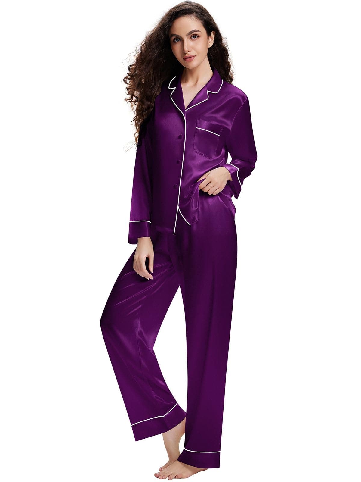 Lonxu Womens Silk Satin Pajamas Set Purple S