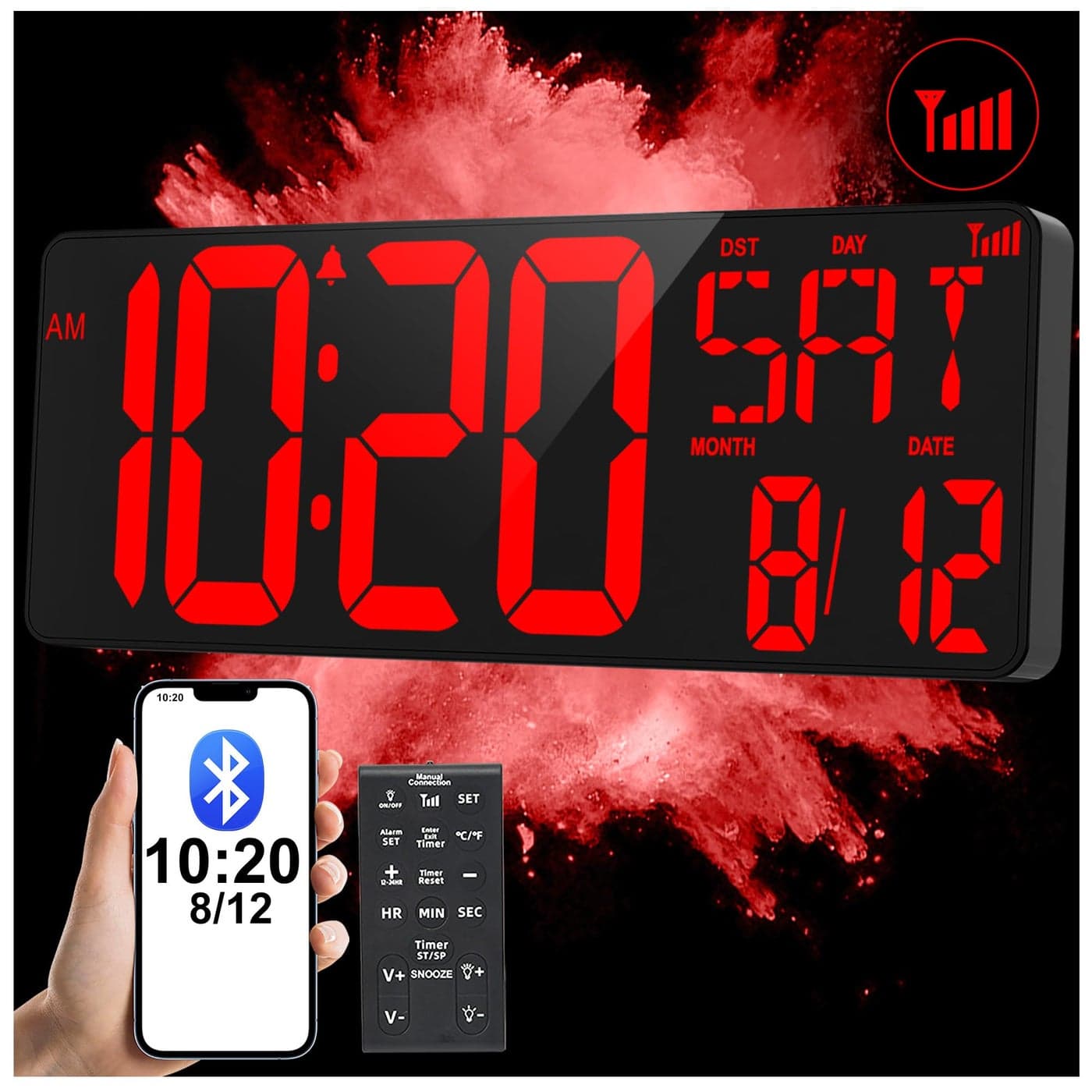 XREXS 172 Large Digital Wall Clock Bluetooth Sync Time Precise Atomic Clocks with Remote Control Adjustable Dimmer Grandfather Clock Temperature for Bedroom Desk Alarm Clock for Elderly