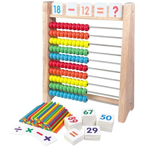 Wooden Abacus for Kids Math 10 Row Bead Counting Frame with Counting Sticks Number Alphabet Cards Learn Counting Educational Gift for Toddlers Preschoolers Ideal for Home School Daycare
