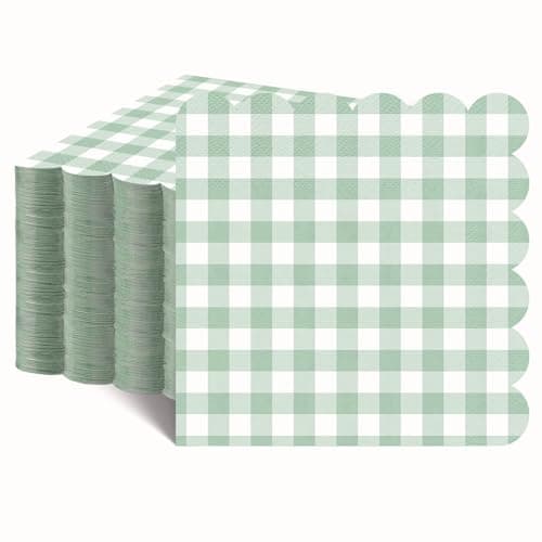80 Pcs Sage Green Gingham Paper Napkins 6.5 Inch Green and White Paper Napkins Disposable Scalloped Napkin for Baby & Bridal Shower, Wedding, Birthday, Picnic, Party