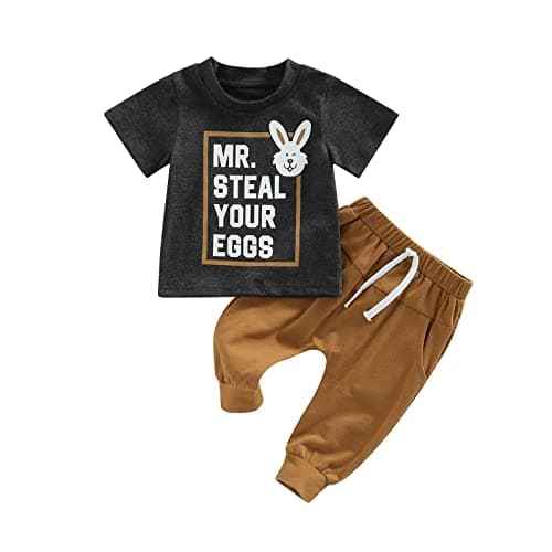 Saliuentm Infant Baby Boy Easter Outfit Letter Rabbit Printed T-shirt Short Sleeve Top Pants My First Easter Baby Boy Outfit(A-Dark Gray,6-12 Months)