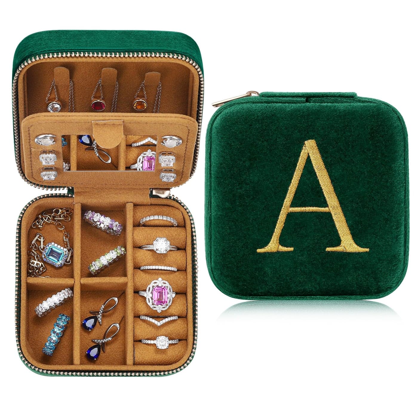 Parima Valentines Day Gifts for Her Gifts for Women Plush Velvet Travel Jewelry Case Small Jewelry Box Birthday Gift for Women Her Personalized Gifts Letter A Green