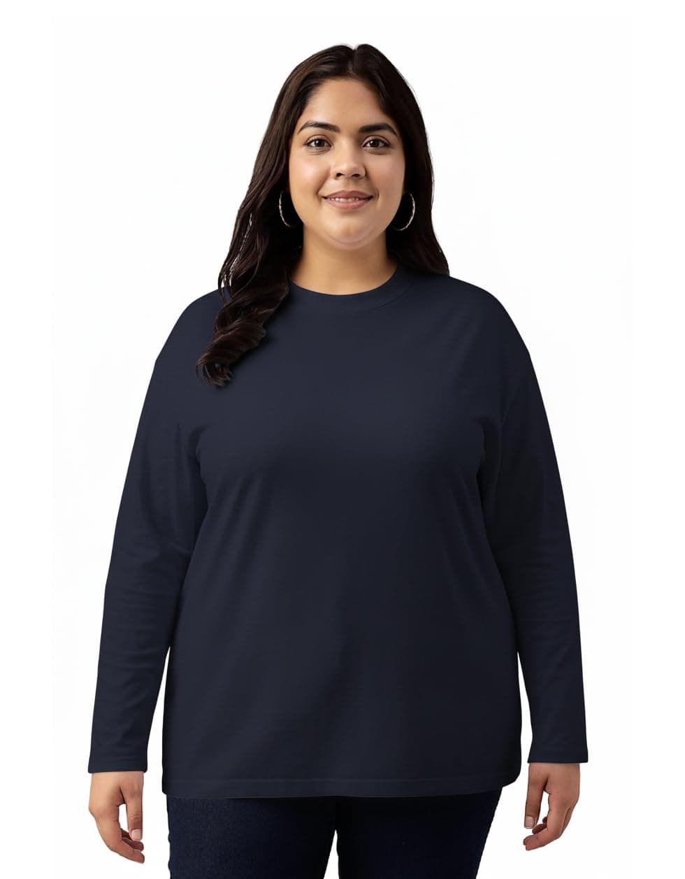 JUNEBERRY® Pure Cotton Oversized Baggy Fit Core Solid Full Sleeve Plus Size T-Shirt for Women & Girls (JB_PS_FS_NVY_XXL)