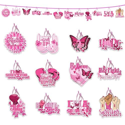 24Pcs Breast Cancer Awareness Hanging Ornaments for Tree,Pink Ribbon Hanging Decorations, Fight Breast Cancer Paper Pendant Crafts Decor with Rope Breast Cancer Awareness Gifts Party Favors Supplies