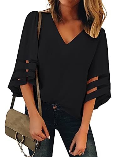 LookbookStore Women's Work Blouses Bell Sleeve Blouse for Women 2024 Black Blouse Tops for Women Casual Dressy Work Tops 3/4 Sleeve Blouse Business Casual Tops for Women Size Medium Size 8 10