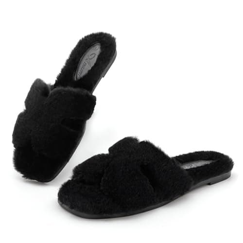 Athlefit Women's Fuzzy Slippers Cute Comfy Fluffy Open Toe Slip-on House Slide Slippers for Indoor Bedroom Bridesmaid, Black, Size 9, AD01354