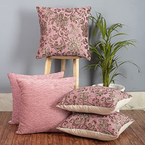 Cazimo Jacquard Floral Cushion Covers for Bed, Sofa and Couch - 16 * 16 inches | Ideal for Living Room & Bedroom | Set of 5, Baby Pink