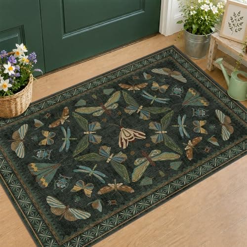 Hazo Haus 2x3 Entry Way Rugs Indoor Dark Green Small Throw Rug for Kitchen Bathroom Insect Boho Design Washable Non Slip Stain Resistant