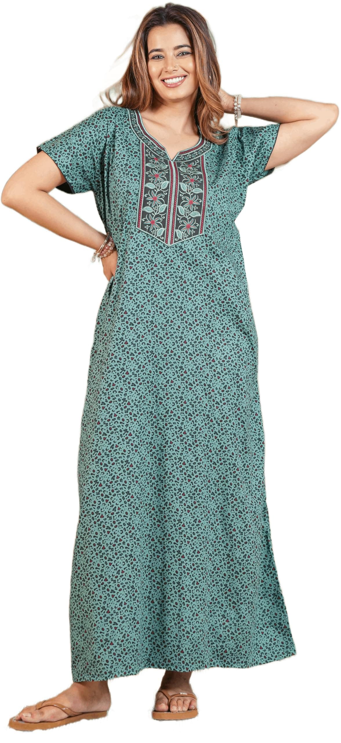G4Girl Women's Cotton Tiger Print Nighty with Embroidery | Free Size Fits M to XXL | Half Sleeves | Soft & Breathable Nightwear (Z12, RAMA)