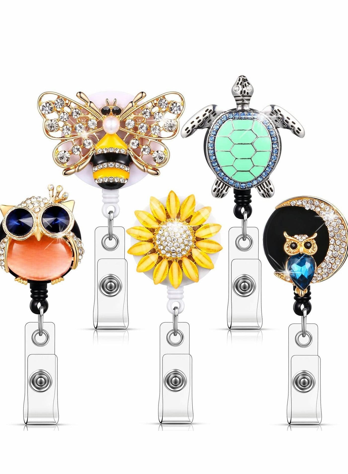 Crystal Badge Reels 5Pcs Retractable Rhinestone Holder ID Name with Alligator Swivel Clip for Teacher Worker Nurse Gift (Turtle, Bee, Owl, Flower)